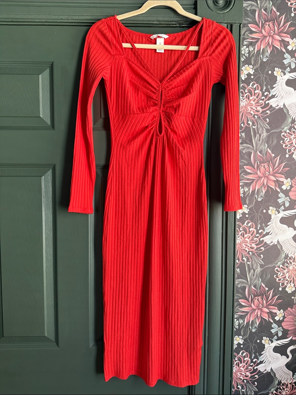 H&M Red Ribbed Long Sleeve Midi Dress with Front Knot Detail